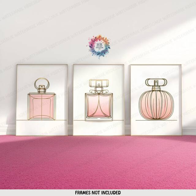 Minimalist Perfume Prints - Set Of 3 Posters - Pink & Gold Room Decor Make Up Station Wall Art Perfumes Artwork Girls Bedroom Print - image 1