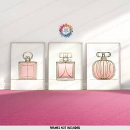Minimalist Perfume Prints - Set Of 3 Posters - Pink & Gold Room Decor Make Up Station Wall Art Perfumes Artwork Girls Bedroom Print - thumbnail 1