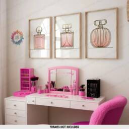 Minimalist Perfume Prints - Set Of 3 Posters - Pink & Gold Room Decor Make Up Station Wall Art Perfumes Artwork Girls Bedroom Print - thumbnail 2