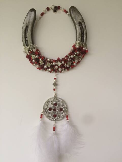 Beaded Horseshoe Wall Art With Rhinestone Pendant, Western Decor - image 1
