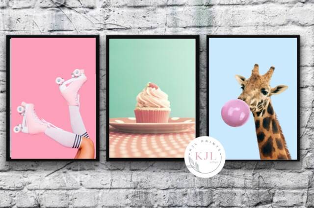 Retro Kitchen Prints Cupcake, Giraffe, Roller Skates - Set Of 3