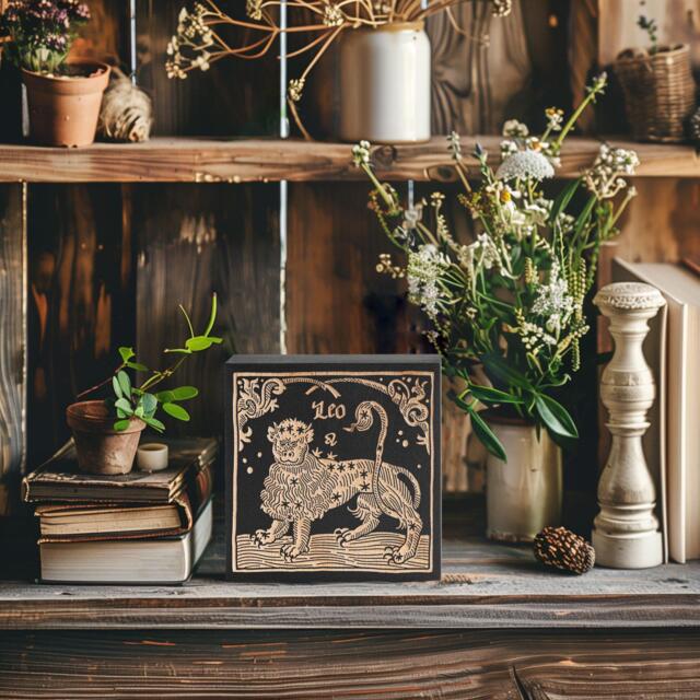 Leo Zodiac Engraved Birch Wood Panel - Block Print Style Wall Art, Astrology Sign Illustration, Astrological Decor Gift - image 1