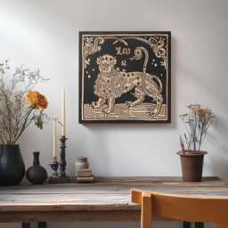 Leo Zodiac Engraved Birch Wood Panel - Block Print Style Wall Art, Astrology Sign Illustration, Astrological Decor Gift - thumbnail 2