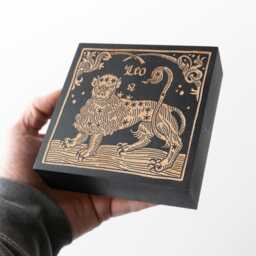 Leo Zodiac Engraved Birch Wood Panel - Block Print Style Wall Art, Astrology Sign Illustration, Astrological Decor Gift - thumbnail 3