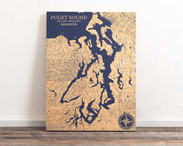 Puget Sound, Washington Map - Engraved Wood Coastal Chart Wall Art Sign, Beach House Decor Nautical Print, Unique Personalized Family Gift - image 1