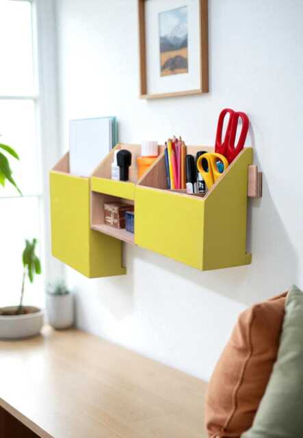 Wooden Wall Organizer, Handmade Yellow Desk Entryway Pen Holder - image 1