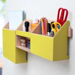 Wooden Wall Organizer, Handmade Yellow Desk Entryway Pen Holder - thumbnail 2