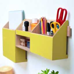 Wooden Wall Organizer, Handmade Yellow Desk Entryway Pen Holder - thumbnail 3
