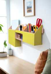Wooden Wall Organizer, Handmade Yellow Desk Entryway Pen Holder