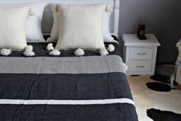 Black & White Moroccan Tassel Throw Blanket With Pompom - Duvet Cover Made From Hand Woven Cotton Sofa Couch Bed End