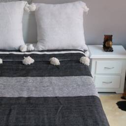 Black & White Moroccan Tassel Throw Blanket With Pompom - Duvet Cover Made From Hand Woven Cotton Sofa Couch Bed End - thumbnail 4
