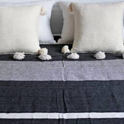 Black & White Moroccan Tassel Throw Blanket With Pompom - Duvet Cover Made From Hand Woven Cotton Sofa Couch Bed End - thumbnail 3