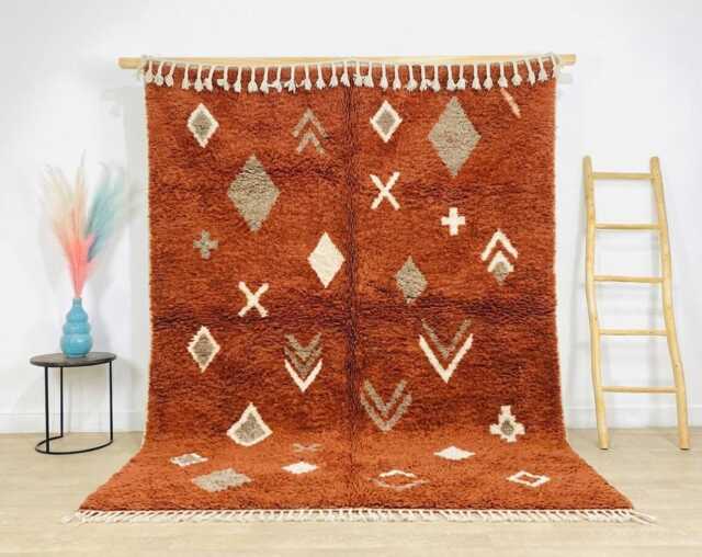 Terracotta & Cream Tribal Diamond Moroccan Rug - Handmade Berber Shag Carpet Large Area Rust Orange Wool Decor - image 1