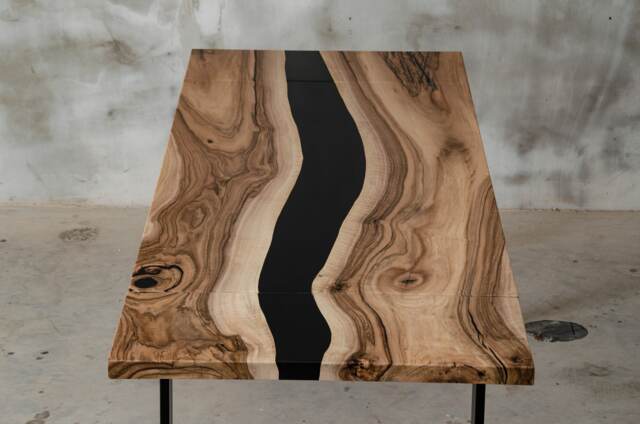 Custom Folding Live Edge Table Made Of European Walnut Wood, Epoxy With Steel Legs, Black Resin Table, Modern Dining River Table - image 1