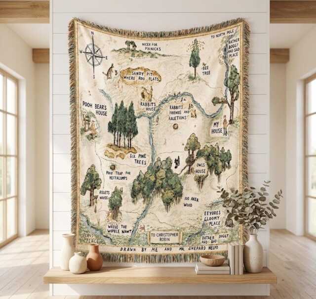 Winnie The Pooh Hundred Acre Wood Map Woven Blanket, Bear Storybook Throw Classic Woodland Nursery Tapestry Decor - image 1