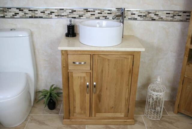 Bathroom Vanity Unit Free Standing Oak Cabinet Cream Marble & Ceramic Basin 503cmcbc - image 1