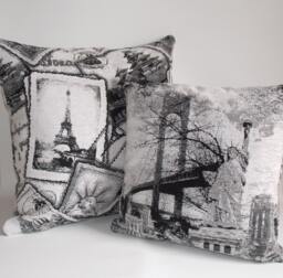 Set Of 2 Cityscape Throw Pillow Covers Black, Gray & White Cotton - thumbnail 1