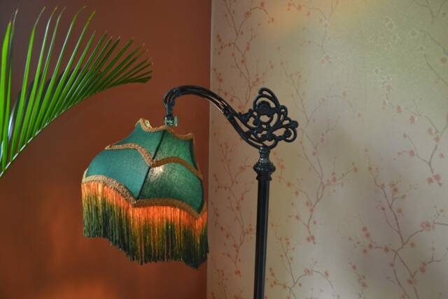 Hunter Green Silk Lampshade Ombre Fringe, Scalloped Table Lamp Shade - image 1