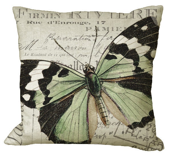 Soft Black White & Green Butterfly Pillow Cover in Natural Cotton 18x18