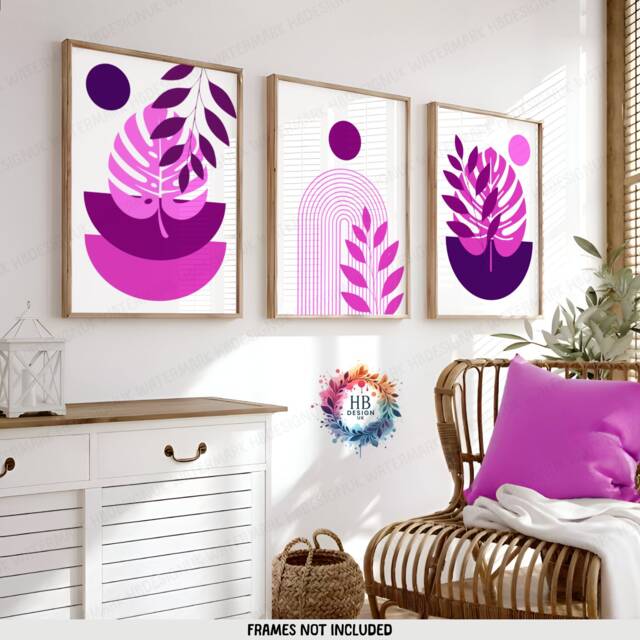 Pink Boho Prints - Set Of 3 Wall - Purple Decor Living Room Posters Bedroom Artwork Home Hangings Botanicals - image 1
