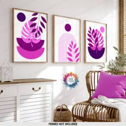 Pink Boho Prints - Set Of 3 Wall - Purple Decor Living Room Posters Bedroom Artwork Home Hangings Botanicals - thumbnail 1