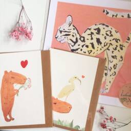 Set Of Exotic Cat Art Print + 2 Capybara Cards, Cute Animal Lover Christmas Gift - thumbnail 1
