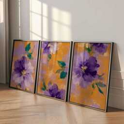 Lilac Floral Wall Art Set Of 3, Modern Botanical Poster Prints, Abstract Purple & Cream Flower For Bedroom Or Living Room - thumbnail 2