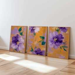 Lilac Floral Wall Art Set Of 3, Modern Botanical Poster Prints, Abstract Purple & Cream Flower For Bedroom Or Living Room - thumbnail 1