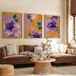Lilac Floral Wall Art Set Of 3, Modern Botanical Poster Prints, Abstract Purple & Cream Flower For Bedroom Or Living Room - thumbnail 3