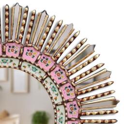 Peruvian Pink Sunburst Mirror 60 cm Handmade Wall Decor - Carved Wood Round Statement For Living Room Bathroom Entryway - thumbnail 2