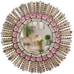Peruvian Pink Sunburst Mirror 60 cm Handmade Wall Decor - Carved Wood Round Statement For Living Room Bathroom Entryway