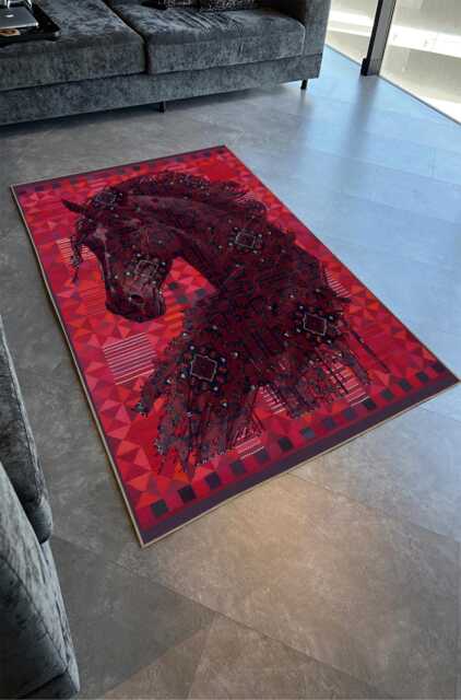 Red Geometric Area Rug Tribal Horse Silhouette, Washable Boho Carpet - image 1
