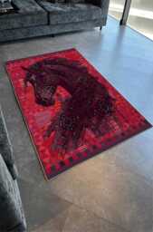 Red Geometric Area Rug Tribal Horse Silhouette, Washable Boho Carpet - thumbnail 1