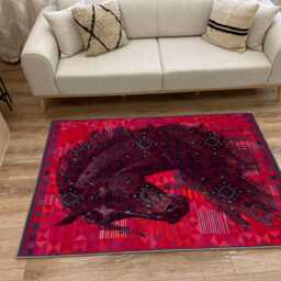 Red Geometric Area Rug Tribal Horse Silhouette, Washable Boho Carpet - thumbnail 3