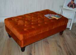 Chesterfield Footstool Burnt Orange Velvet, Mahogany Legs