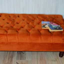 Chesterfield Footstool Burnt Orange Velvet, Mahogany Legs - thumbnail 2