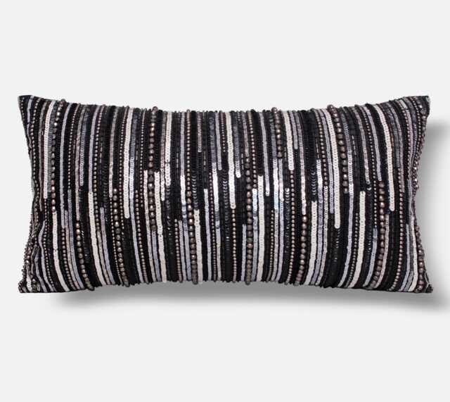 Hand Embroidered Sequin Pillow Cover, Black Grey Silver, Luxury Accent - Bmcc004 - image 1