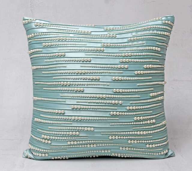 Light Aqua Satin Pillow Cover, Hand Embroidered Pearl Beaded Accent - Bmcc288 - image 1