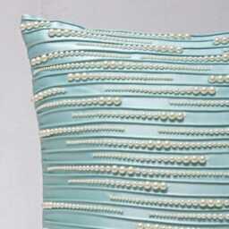 Light Aqua Satin Pillow Cover, Hand Embroidered Pearl Beaded Accent - Bmcc288 - thumbnail 2