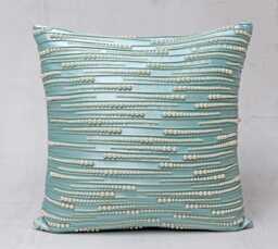 Light Aqua Satin Pillow Cover, Hand Embroidered Pearl Beaded Accent - Bmcc288 - thumbnail 1