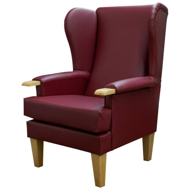 Handmade Red Faux Leather Wingback Chair Beech Wood Arms - image 1