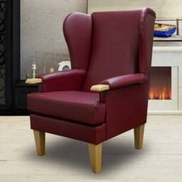 Handmade Red Faux Leather Wingback Chair Beech Wood Arms - thumbnail 3