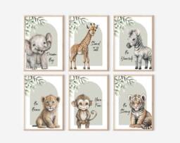 Choose Your Own Safari Jungle Animal Elephant Giraffe Zebra Lion Tiger Green Text Quote Boys Girls A4 Or A3 Nursery Set Of Unframed Prints - thumbnail 1