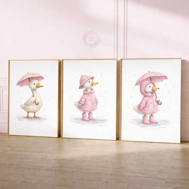 Pink Duck Nursery Prints - Set Of 3 Girls Duckling Wall Art, Girl Animal Decor - image 1
