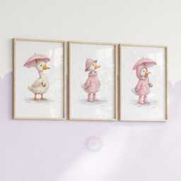 Pink Duck Nursery Prints - Set Of 3 Girls Duckling Wall Art, Girl Animal Decor - thumbnail 2