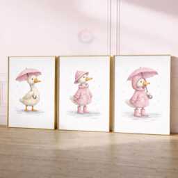 Pink Duck Nursery Prints - Set Of 3 Girls Duckling Wall Art, Girl Animal Decor