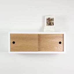 Mid-Century Modern Floating Shelf, Hardwood Sliding Door Cabinet, Lacquer Coating High End Finish, Small Wall Mount Cabinet - thumbnail 2