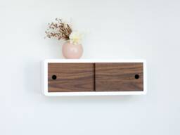 Mid-Century Modern Floating Shelf, Hardwood Sliding Door Cabinet, Lacquer Coating High End Finish, Small Wall Mount Cabinet - thumbnail 1