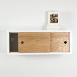 Mid-Century Modern Floating Shelf, Hardwood Sliding Door Cabinet, Lacquer Coating High End Finish, Small Wall Mount Cabinet - thumbnail 3
