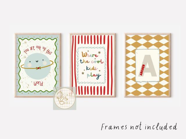 Set Of 3 Personalised Bright Boys Prints. Personalised Name, Where The Cool Kids Play & You Are Out This World Planet - Unframed - image 1